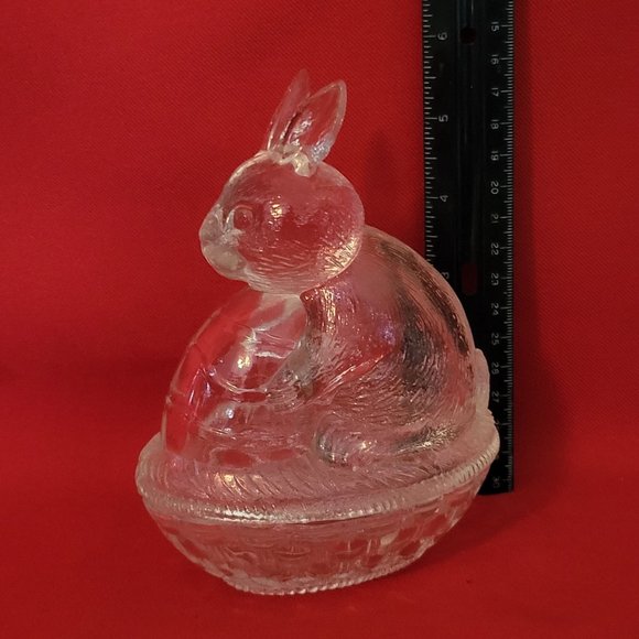 VTG Clear Glass Bunny Rabbit Nut on Nest Covered Trinket Oval Candy Dish Peach T - Picture 9 of 11